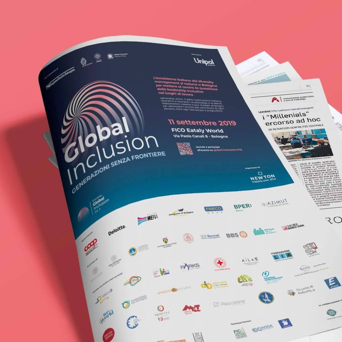 Pagina di foglio di giornale con pubblicità dell'evento Global Inclusion e loghi delle realtà che partecipano