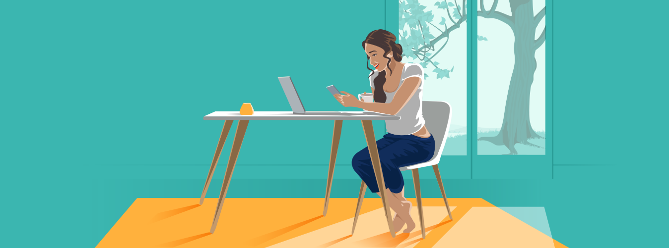 Illustration of a woman sitting at a table using devices