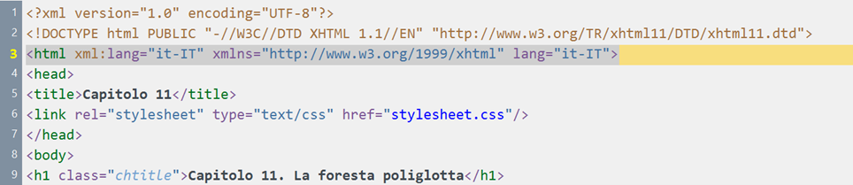 Esempio di estratto di codice html in cui il tag lingua è inserito nel tag html
