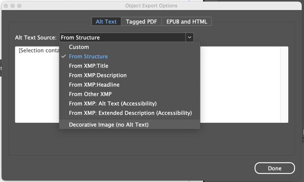 Screenshot of the dropdown menu in the Object Export Options dialog, where tag images as decorative.